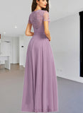 Aria A-line Scoop Floor-Length Chiffon Lace Bridesmaid Dress UKP0019455