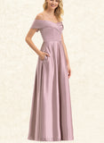 Kassandra A-line Off the Shoulder Floor-Length Satin Bridesmaid Dress UKP0019459