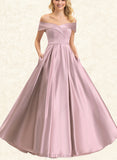 Kassandra A-line Off the Shoulder Floor-Length Satin Bridesmaid Dress UKP0019459