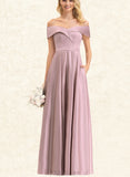 Kassandra A-line Off the Shoulder Floor-Length Satin Bridesmaid Dress UKP0019459