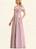 Kassandra A-line Off the Shoulder Floor-Length Satin Bridesmaid Dress UKP0019459