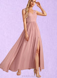 Bryanna A-line V-Neck Floor-Length Chiffon Lace Bridesmaid Dress UKP0019460