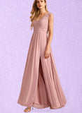 Bryanna A-line V-Neck Floor-Length Chiffon Lace Bridesmaid Dress UKP0019460