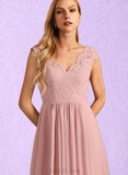 Bryanna A-line V-Neck Floor-Length Chiffon Lace Bridesmaid Dress UKP0019460