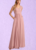 Bryanna A-line V-Neck Floor-Length Chiffon Lace Bridesmaid Dress UKP0019460