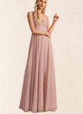 Mckayla A-line V-Neck Floor-Length Chiffon Lace Bridesmaid Dress UKP0019462