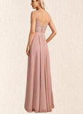 Mckayla A-line V-Neck Floor-Length Chiffon Lace Bridesmaid Dress UKP0019462