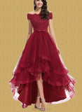 Amaya A-line Asymmetrical Lace Tulle Bridesmaid Dress With Beading Bow Sequins UKP0019463