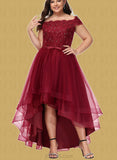 Amaya A-line Asymmetrical Lace Tulle Bridesmaid Dress With Beading Bow Sequins UKP0019463