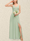 Jaiden A-line V-Neck Floor-Length Chiffon Bridesmaid Dress With Ruffle UKP0019465