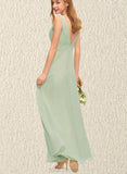 Jaiden A-line V-Neck Floor-Length Chiffon Bridesmaid Dress With Ruffle UKP0019465