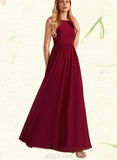 Paola A-line High Neck Floor-Length Chiffon Bridesmaid Dress With Bow UKP0019468