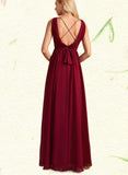 Paola A-line High Neck Floor-Length Chiffon Bridesmaid Dress With Bow UKP0019468