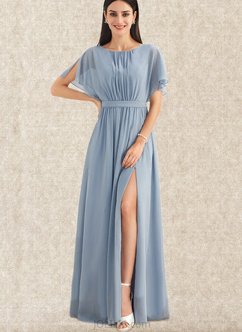 Emerson A-line Scoop Floor-Length Chiffon Bridesmaid Dress With Ruffle UKP0019469