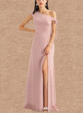 Belen A-line One Shoulder Floor-Length Chiffon Bridesmaid Dress With Bow UKP0019474