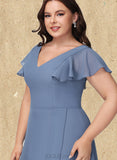 Briley A-line V-Neck Asymmetrical Chiffon Bridesmaid Dress With Ruffle UKP0019475