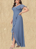 Briley A-line V-Neck Asymmetrical Chiffon Bridesmaid Dress With Ruffle UKP0019475