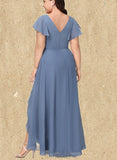 Briley A-line V-Neck Asymmetrical Chiffon Bridesmaid Dress With Ruffle UKP0019475