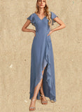 Briley A-line V-Neck Asymmetrical Chiffon Bridesmaid Dress With Ruffle UKP0019475