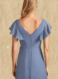 Briley A-line V-Neck Asymmetrical Chiffon Bridesmaid Dress With Ruffle UKP0019475