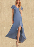 Briley A-line V-Neck Asymmetrical Chiffon Bridesmaid Dress With Ruffle UKP0019475