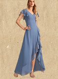 Briley A-line V-Neck Asymmetrical Chiffon Bridesmaid Dress With Ruffle UKP0019475