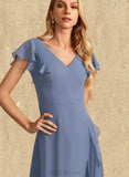 Briley A-line V-Neck Asymmetrical Chiffon Bridesmaid Dress With Ruffle UKP0019475