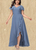 Briley A-line V-Neck Asymmetrical Chiffon Bridesmaid Dress With Ruffle UKP0019475