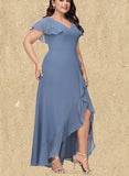 Briley A-line V-Neck Asymmetrical Chiffon Bridesmaid Dress With Ruffle UKP0019475