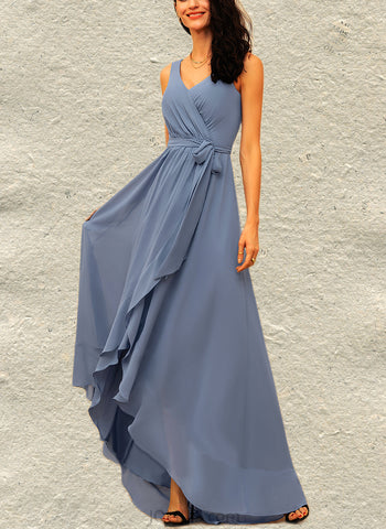 Rihanna A-line V-Neck Asymmetrical Chiffon Bridesmaid Dress With Bow Ruffle UKP0019478