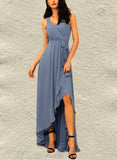 Rihanna A-line V-Neck Asymmetrical Chiffon Bridesmaid Dress With Bow Ruffle UKP0019478