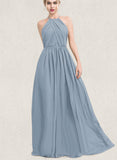 Cornelia A-line Scoop Floor-Length Chiffon Bridesmaid Dress With Ruffle UKP0019483