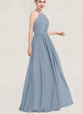 Cornelia A-line Scoop Floor-Length Chiffon Bridesmaid Dress With Ruffle UKP0019483