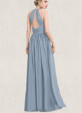 Cornelia A-line Scoop Floor-Length Chiffon Bridesmaid Dress With Ruffle UKP0019483