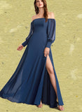 Teagan A-line Off the Shoulder Floor-Length Chiffon Bridesmaid Dress UKP0019484