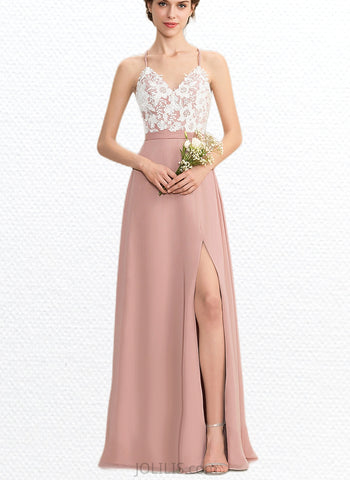 Denise A-line V-Neck Floor-Length Chiffon Lace Bridesmaid Dress UKP0019486