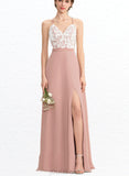 Denise A-line V-Neck Floor-Length Chiffon Lace Bridesmaid Dress UKP0019486