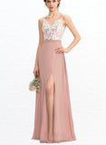 Denise A-line V-Neck Floor-Length Chiffon Lace Bridesmaid Dress UKP0019486