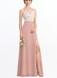 Denise A-line V-Neck Floor-Length Chiffon Lace Bridesmaid Dress UKP0019486