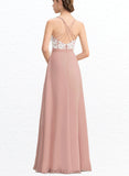 Denise A-line V-Neck Floor-Length Chiffon Lace Bridesmaid Dress UKP0019486