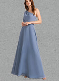 Serena A-line One Shoulder Floor-Length Chiffon Bridesmaid Dress With Bow UKP0019487