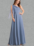 Serena A-line One Shoulder Floor-Length Chiffon Bridesmaid Dress With Bow UKP0019487