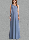 Serena A-line One Shoulder Floor-Length Chiffon Bridesmaid Dress With Bow UKP0019487