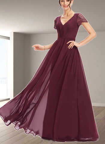 Alyssa A-line V-Neck Floor-Length Chiffon Lace Bridesmaid Dress UKP0019488