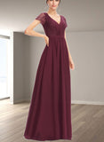 Alyssa A-line V-Neck Floor-Length Chiffon Lace Bridesmaid Dress UKP0019488