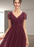 Alyssa A-line V-Neck Floor-Length Chiffon Lace Bridesmaid Dress UKP0019488