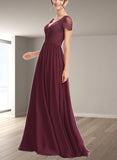 Alyssa A-line V-Neck Floor-Length Chiffon Lace Bridesmaid Dress UKP0019488