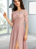 Janey A-line Scoop Floor-Length Chiffon Lace Bridesmaid Dress UKP0019489