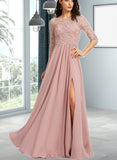 Janey A-line Scoop Floor-Length Chiffon Lace Bridesmaid Dress UKP0019489