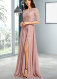 Janey A-line Scoop Floor-Length Chiffon Lace Bridesmaid Dress UKP0019489